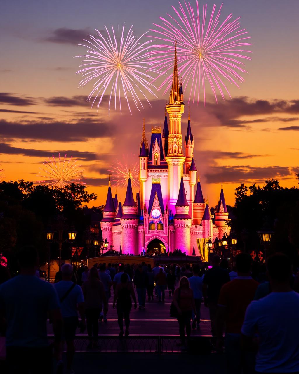Parque mágico de Disney al atardecer con fuegos artificiales